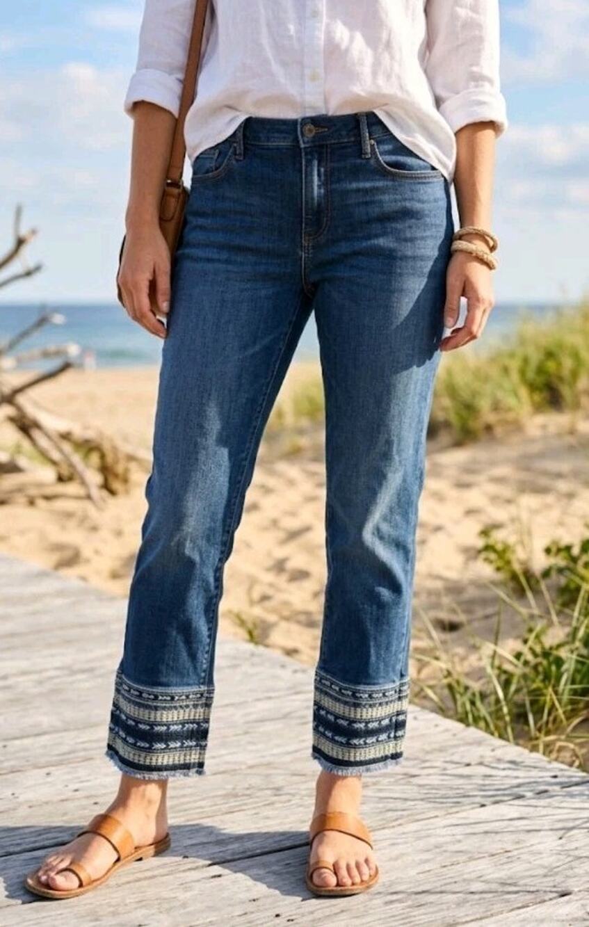 Driftwood Colette Jeans Womens 32 Blue Slim Crop Embroidered Fringe Hem Denim